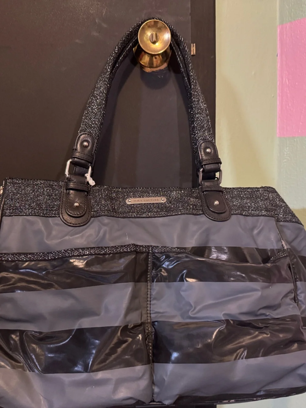 Juicy Couture Gray and Black Striped Dog Carrier Tote
